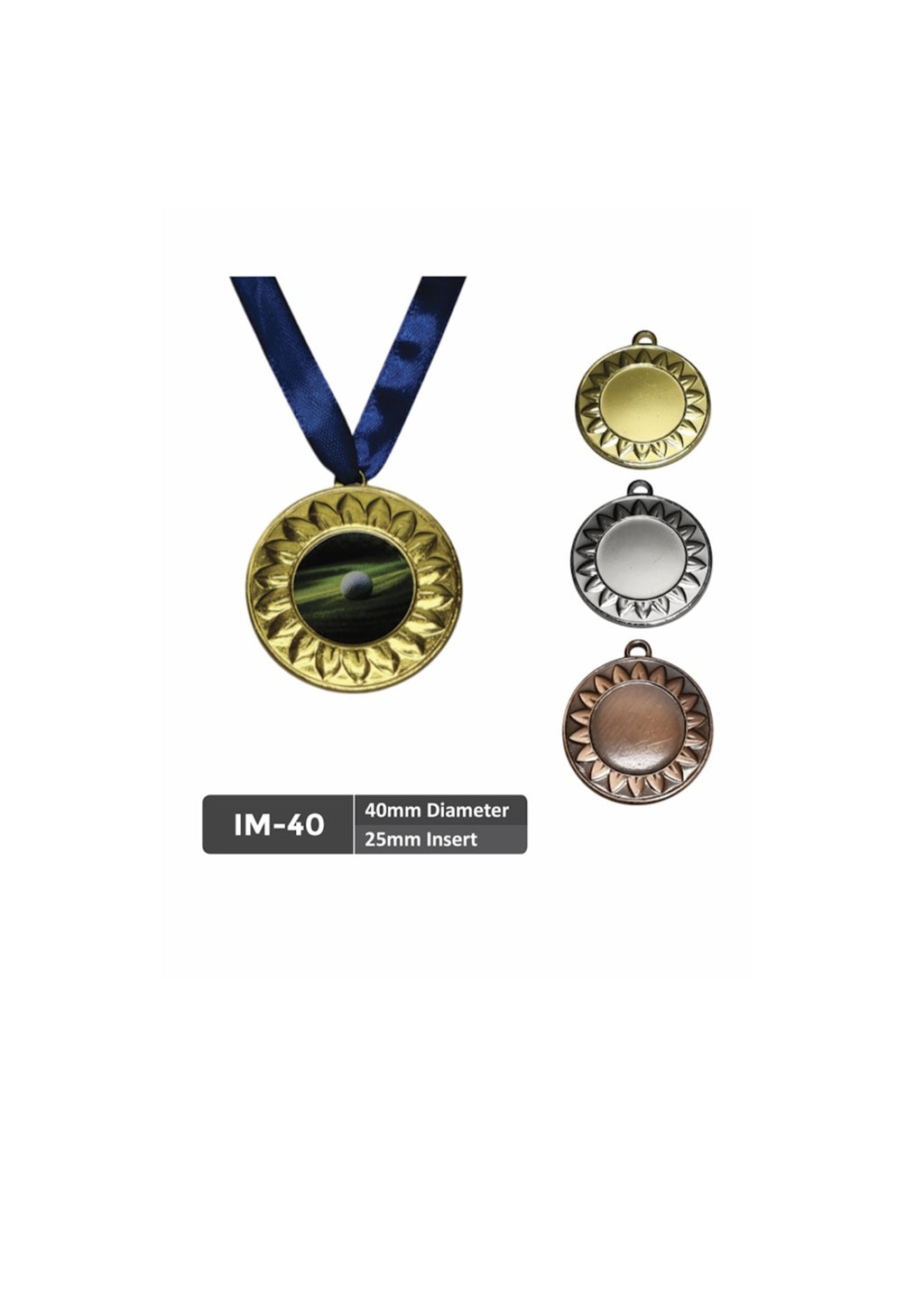 40mm Sun Design Medal with Ribbon (IM-40) - Gold, Silver or Bronze